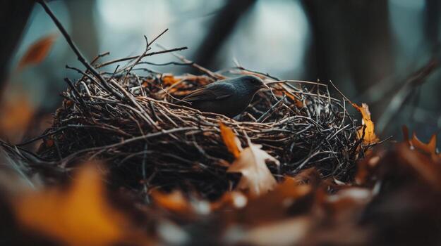 Close-up view of a small bird resting in its woven nest. photo