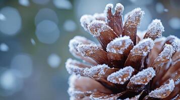 Close-up view of a frosty pine cone in winter. photo