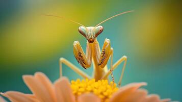 Close-up of a praying mantis on a flower. photo