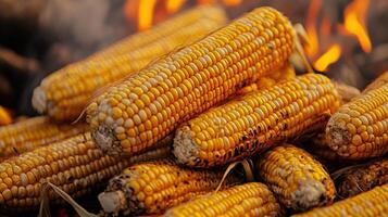 Grilled corn cobs stacked in a pile over a fire. photo
