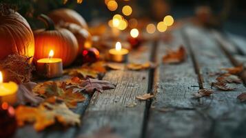 Rustic autumnal display with pumpkins, candles, and leaves. photo