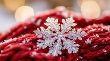 Sparkling snowflake resting on textured red fabric. photo