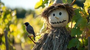 Autumnal scarecrow and small bird amidst vineyard foliage. photo