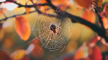 Autumnal spider web with intricate design. photo