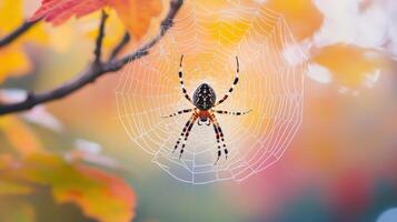 Autumnal spider centered in delicate web. photo