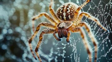 Detailed close-up of a spider on its web. photo