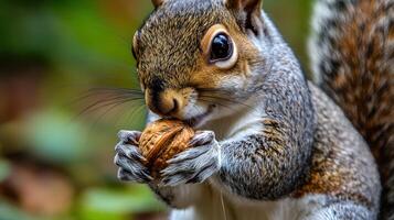 Close-up view of a squirrel eating a nut. photo