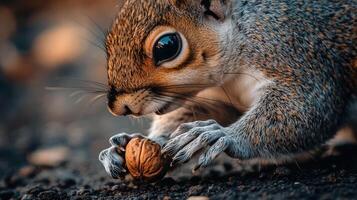 Close-up of a squirrel intently eating a nut. photo