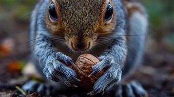 Close-up of a gray squirrel holding a nut. photo