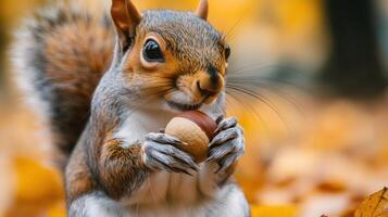 Close-up of a squirrel consuming a nut in autumnal foliage. photo