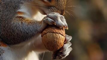 Close-up of a gray squirrel holding and cracking a nut. photo