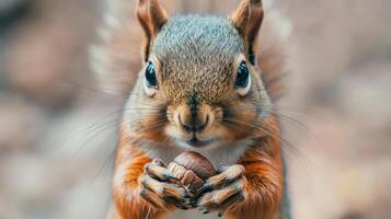 A close up of a squirrel holding a nut photo