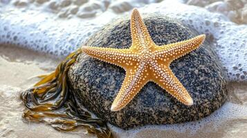 Ocean stone with starfish and seaweed. photo