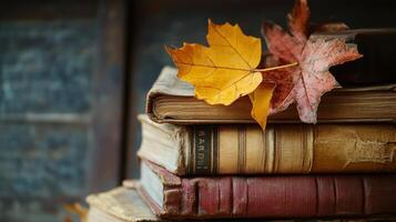 Aged books stacked high, adorned with autumn leaves. photo