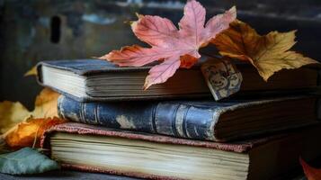 Stacked vintage books adorned with autumn leaves. photo