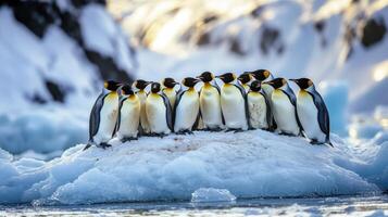 A large group of emperor penguins huddled on an icy floe. photo