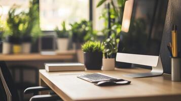Interior home office workspace with digital display. photo