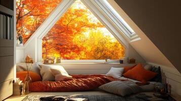Autumnal reading nook with a triangular window. photo