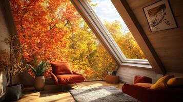 Autumnal warmth within a rustic attic room. photo