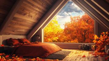 Autumnal loft bedroom with fall foliage view. photo