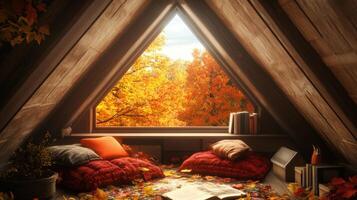 Autumnal loft room with a triangular window. photo