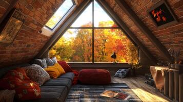 Cozy autumnal loft room with vibrant fall foliage view. photo