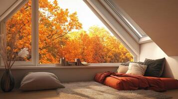 Autumnal, cozy loft room with fall foliage view. photo