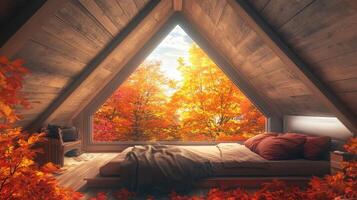 A bedroom with a bed and window looking out onto a fall landscape photo