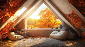 Cozy autumnal attic room with fall foliage view. photo
