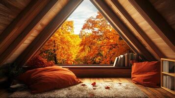Autumnal cabin loft, tranquil view through a gable window. photo
