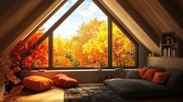 Autumnal loft room with a large window view. photo
