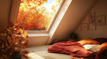 Autumnal bedroom interior with a panoramic view. photo