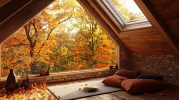 Autumnal attic nook with vibrant fall foliage view. photo