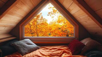 An attic bedroom with a window looking out on a fall tree photo