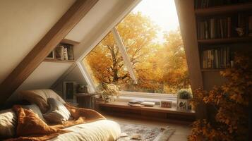 Cozy attic bedroom with autumnal window view. photo