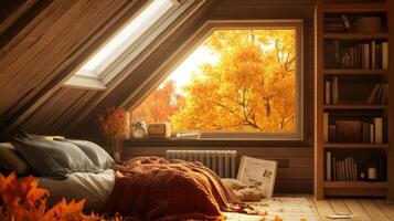 Autumnal attic bedroom with a view of golden foliage. photo