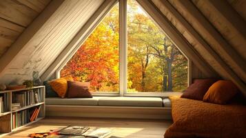 Cozy autumnal loft room with a large window view. photo