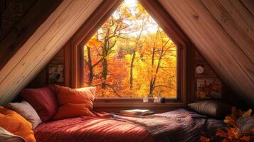 An attic bedroom with a window looking out on a fall landscape photo
