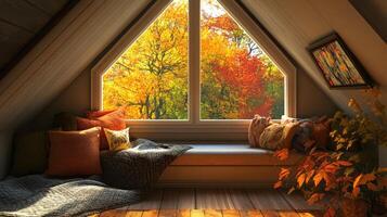 Autumnal warmth inside a cozy attic room. photo