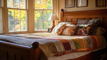 Cozy bedroom with autumnal window view. photo