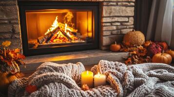Cozy autumnal scene by a crackling fireplace. photo