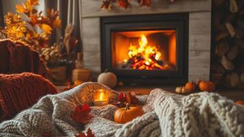 Cozy autumn scene by fireplace with warm decor. photo