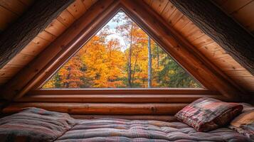 Rustic cabin window seat with fall foliage view. photo