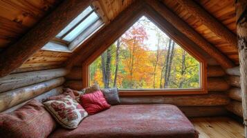 Rustic log cabin nook with autumnal view. photo