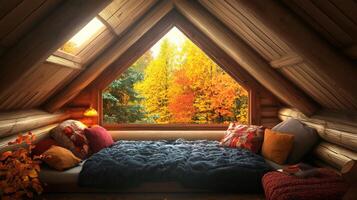 Cozy attic room with a breathtaking fall view. photo