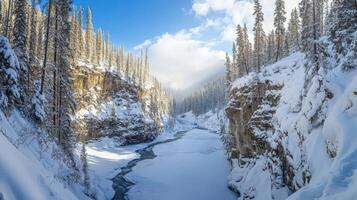 Snowy winter landscape of a frozen mountain river canyon. photo