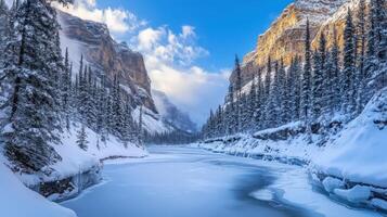 Winter wonderland valley with frozen river and snow-covered trees. photo