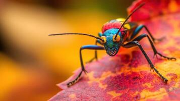 Vibrant colorful insect on autumn leaf close-up. photo
