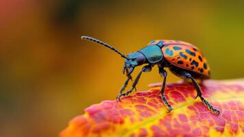 Vibrant colorful beetle on autumnal leaf. photo
