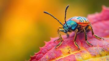 Vibrant colorful beetle on autumnal leaf close-up. photo